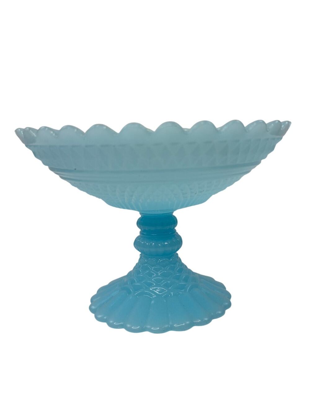VINTAGE Blue Opaline Milk Aqua Pedestal Candy Bowl Glass Diamond Ruffled Rim VTG